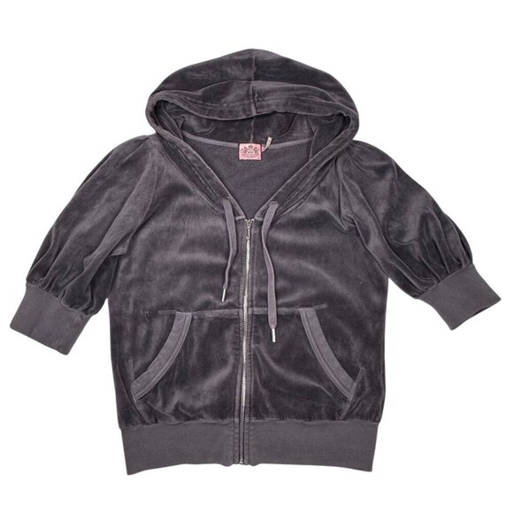VTG Y2K Juicy Couture Velour Jacket Sz.L Gray Hooded Short Puff Sleeve - Picture 10 of 10